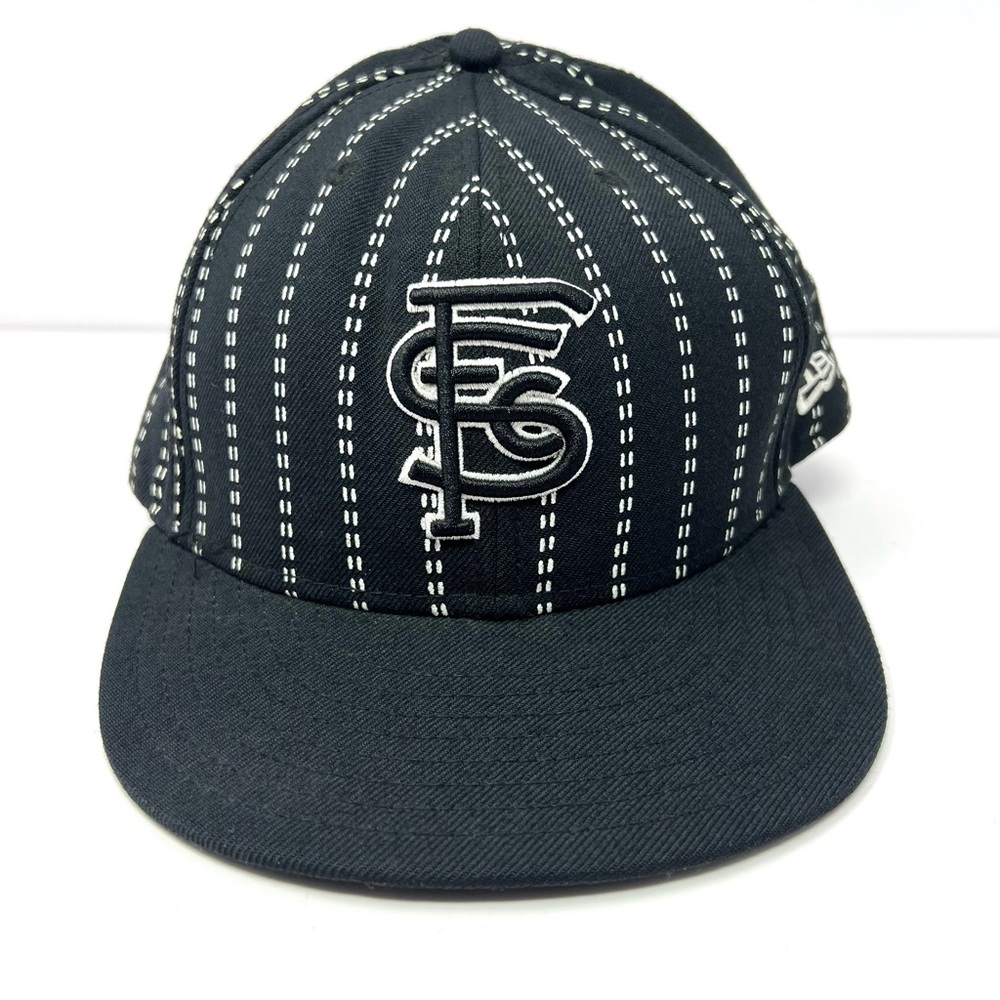 Vintage Supra Skateboards SFC New Era Fitted Hat Cap Sz 7 1/2 Black Pinstripe